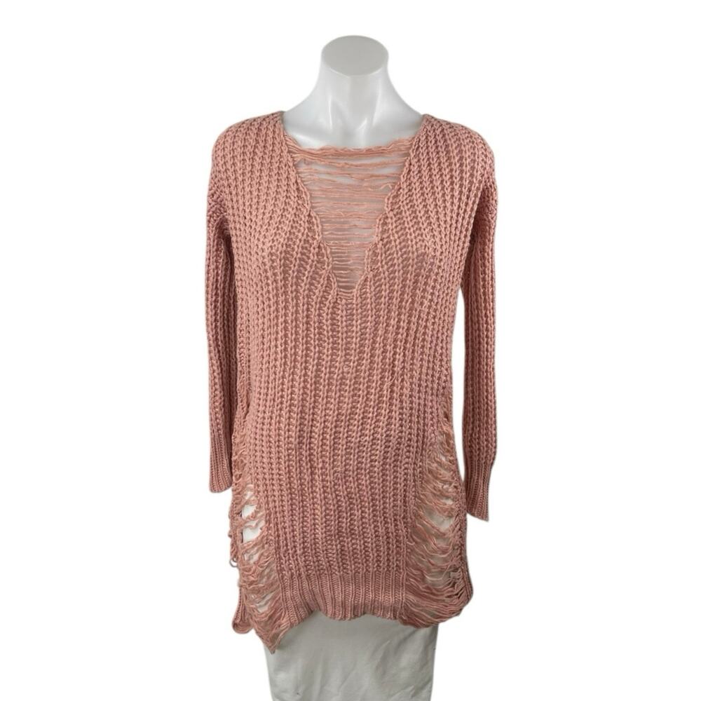 Fashion Nova Women's Pink Crochet Open Knit Long Sleeve Swim Coverup Tunic Top M